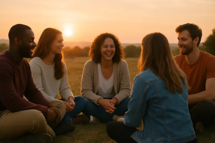 Gruppe sitzt lachend im Kreis bei Sonnenuntergang – Gemeinschaft und Selbstwert stärken bei sozialer Angst.