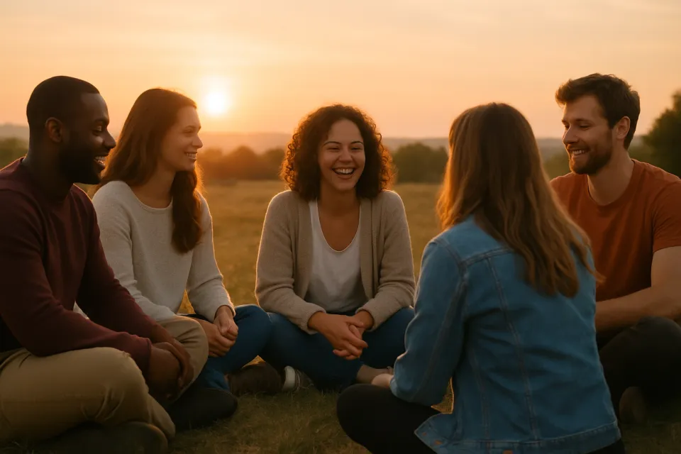 Gruppe sitzt lachend im Kreis bei Sonnenuntergang – Gemeinschaft und Selbstwert stärken bei sozialer Angst.